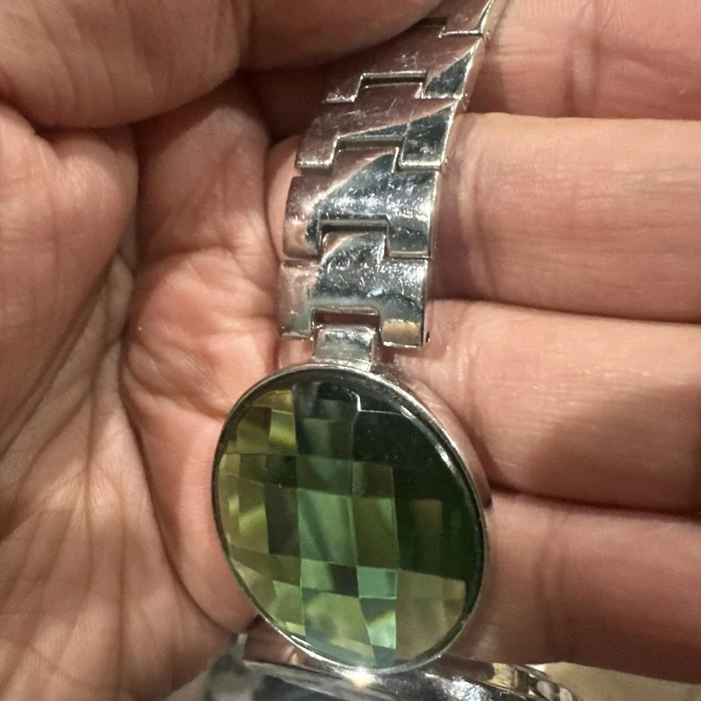Working Narmi Mop‎ Silver Tone Womens Green Crystal Oversize Watch 45mm Fit 7in
